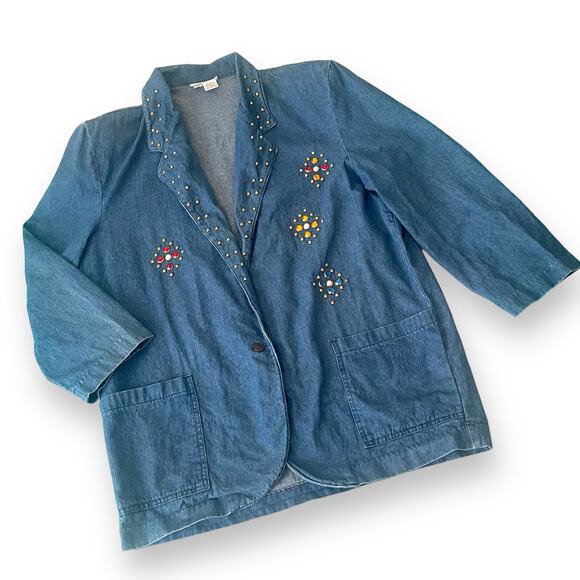 Vtg 80s Dreams Denim Blazer XL Rhinestone Studded Embellished Jacket Oversized - Picture 1 of 11